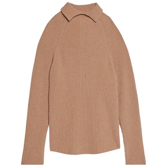 THEORY 100% Cashmere Moving Rib Turtleneck Sweater in Soft Camel Beige - Picture 7 of 13